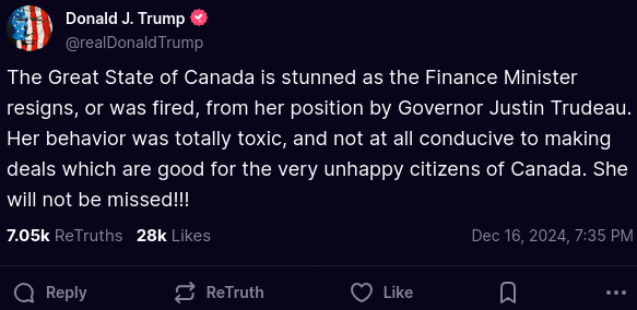 The Great State of Canada is stunned as the Finance Minister resigns, or was fired, from her position by Governor Justin Trudeau. Her behavior was totally toxic, and not at all conducive to making deals which are good for the very unhappy citizens of Canada. She will not be missed!!!