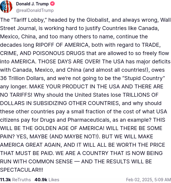 donald trump, Bullshit Social post, 2025-02-02, "Tariff lobby."